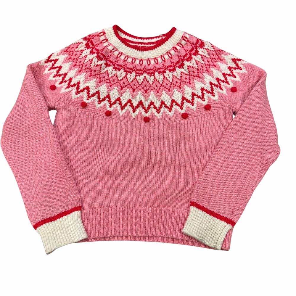 Boden Girls Wool Blend Fair Isle Pink White Red Pom Pom Crew Neck Sweater 6-7